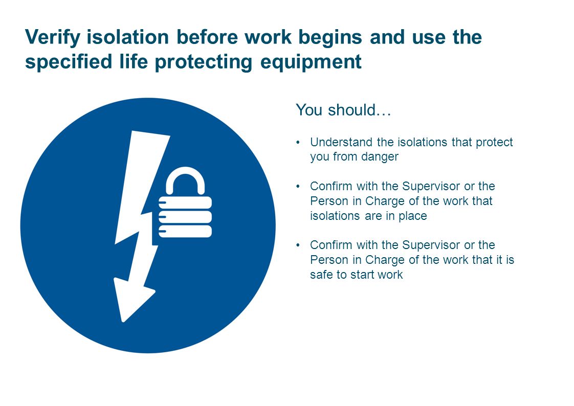 Verify isolation before work begins and use the specified life protecting equipment