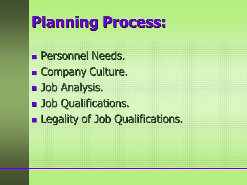 Planning Process: Personnel Needs. Company Culture. Job Analysis.