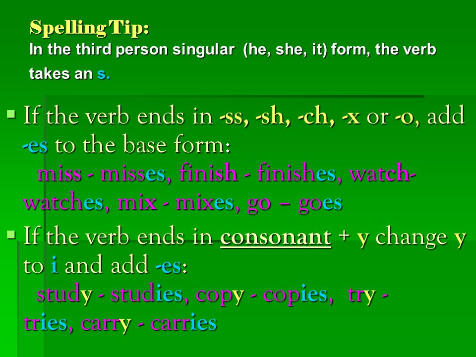 Spelling Tip: In the third person singular (he, she, it) form, the verb takes an s.