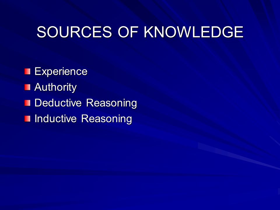 SOURCES OF KNOWLEDGE Experience Authority Deductive Reasoning