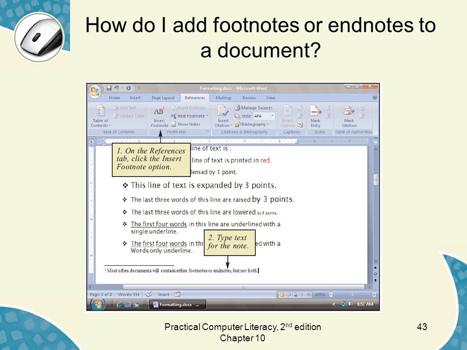 How do I add footnotes or endnotes to a document