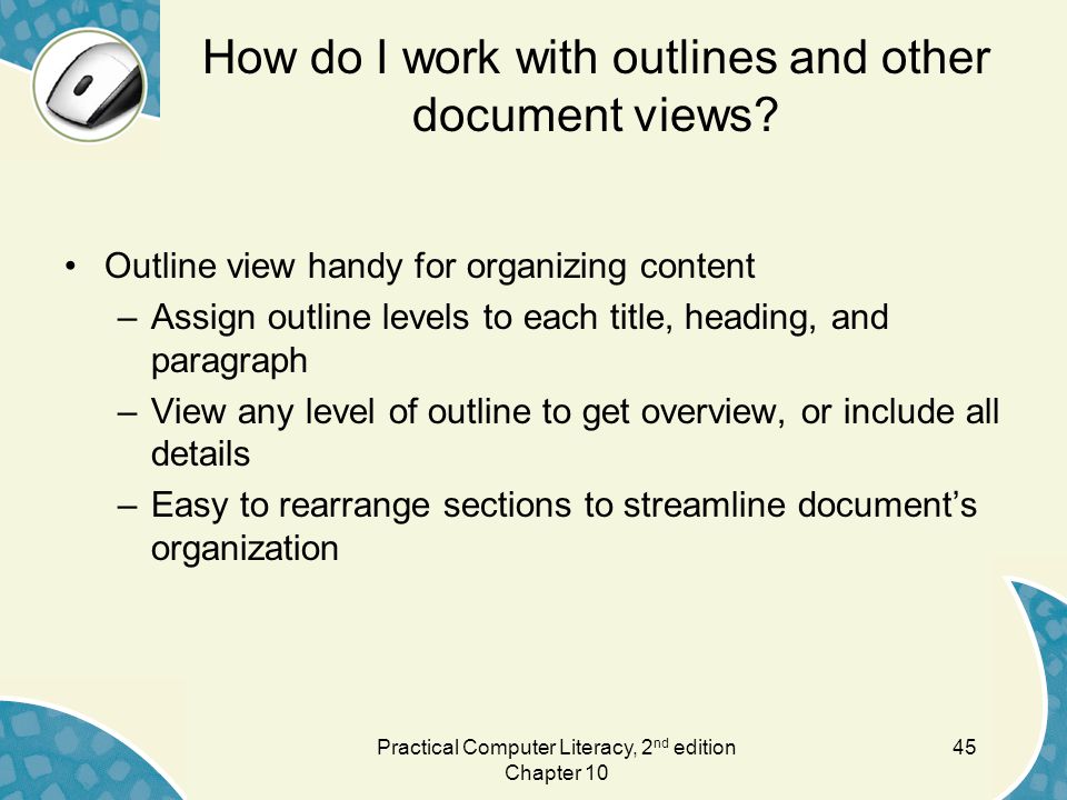 How do I work with outlines and other document views