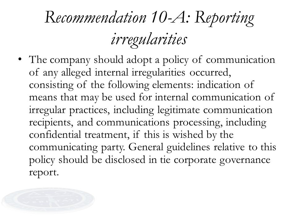 Recommendation 10-A: Reporting irregularities