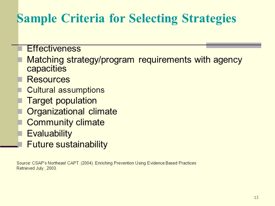 Sample Criteria for Selecting Strategies