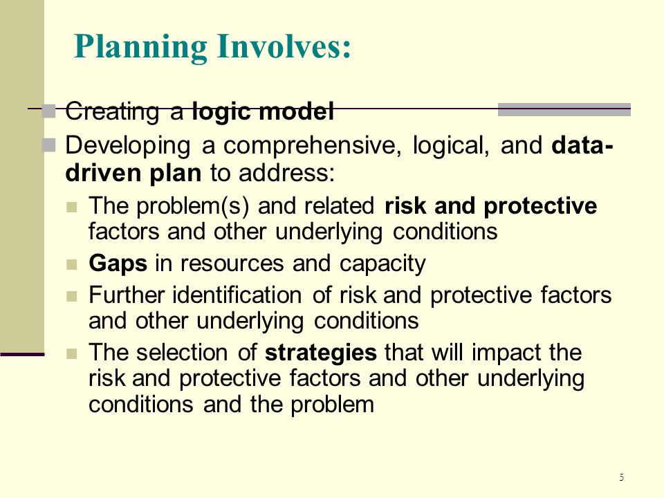 Planning Involves: Creating a logic model