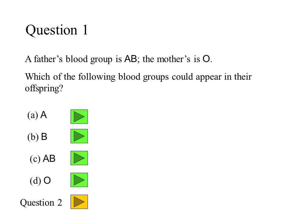 Question 1 A father’s blood group is AB; the mother’s is O.
