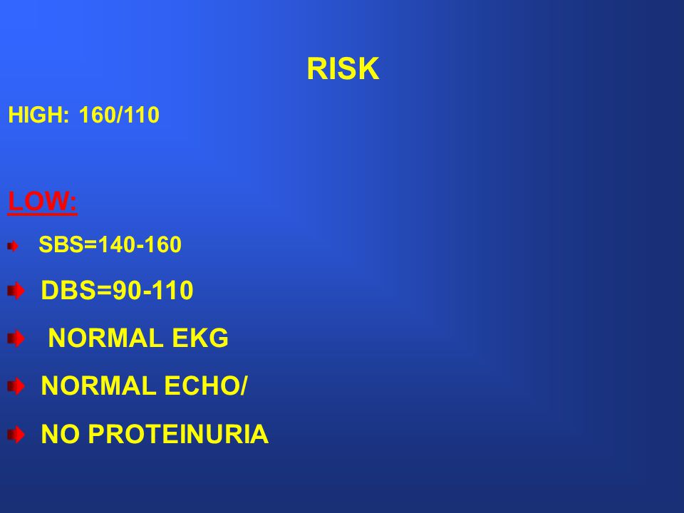 RISK LOW: DBS= NORMAL EKG NORMAL ECHO/ NO PROTEINURIA
