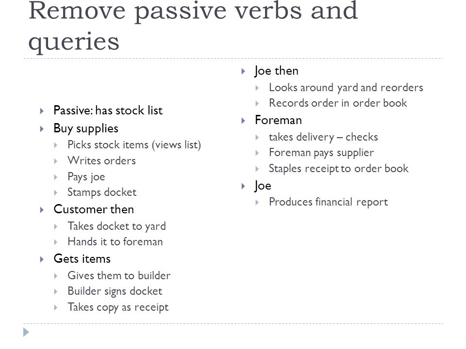 Remove passive verbs and queries