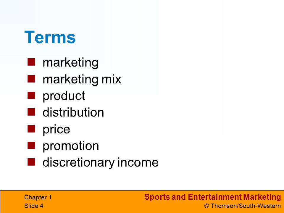 Terms marketing marketing mix product distribution price promotion