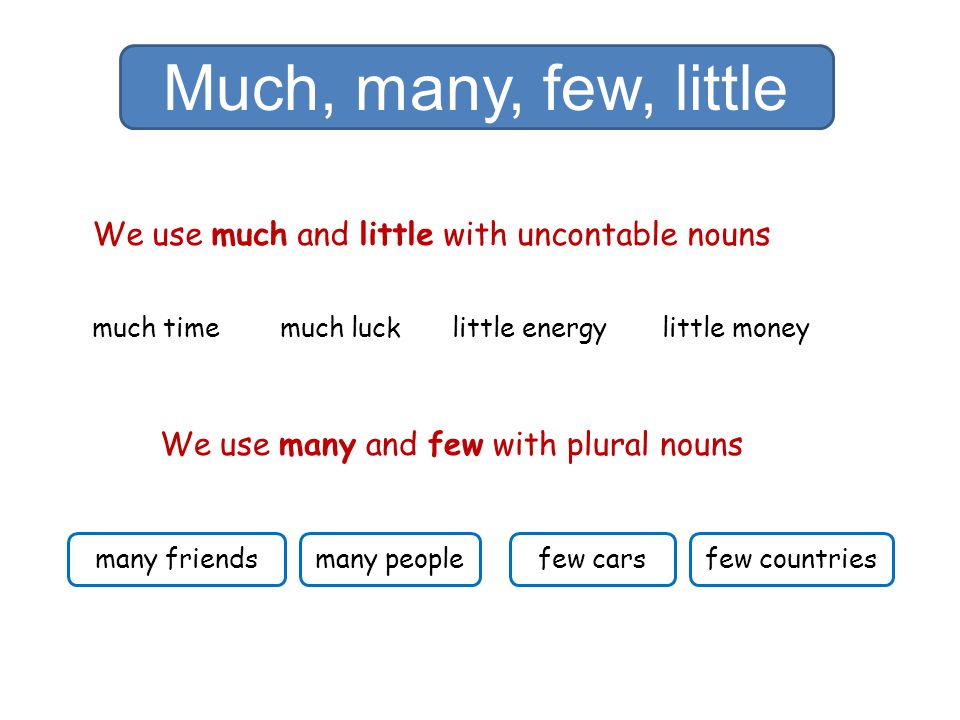 Much, many, few, little We use much and little with uncontable nouns