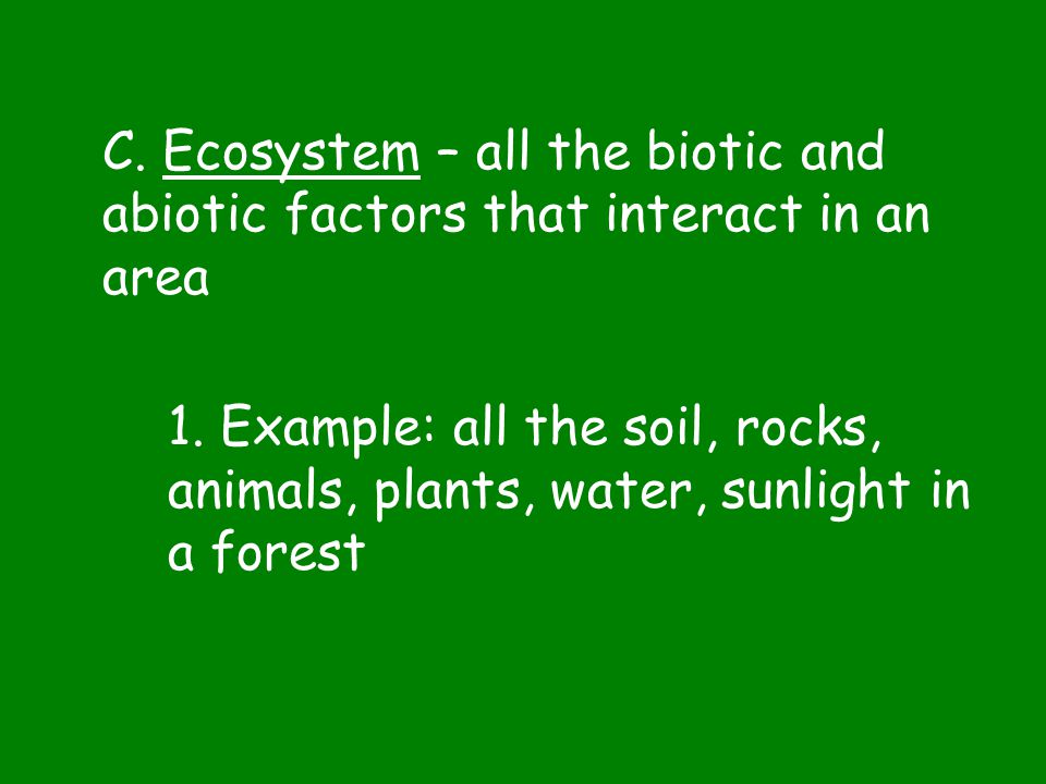 C. Ecosystem – all the biotic and abiotic factors that interact in an area