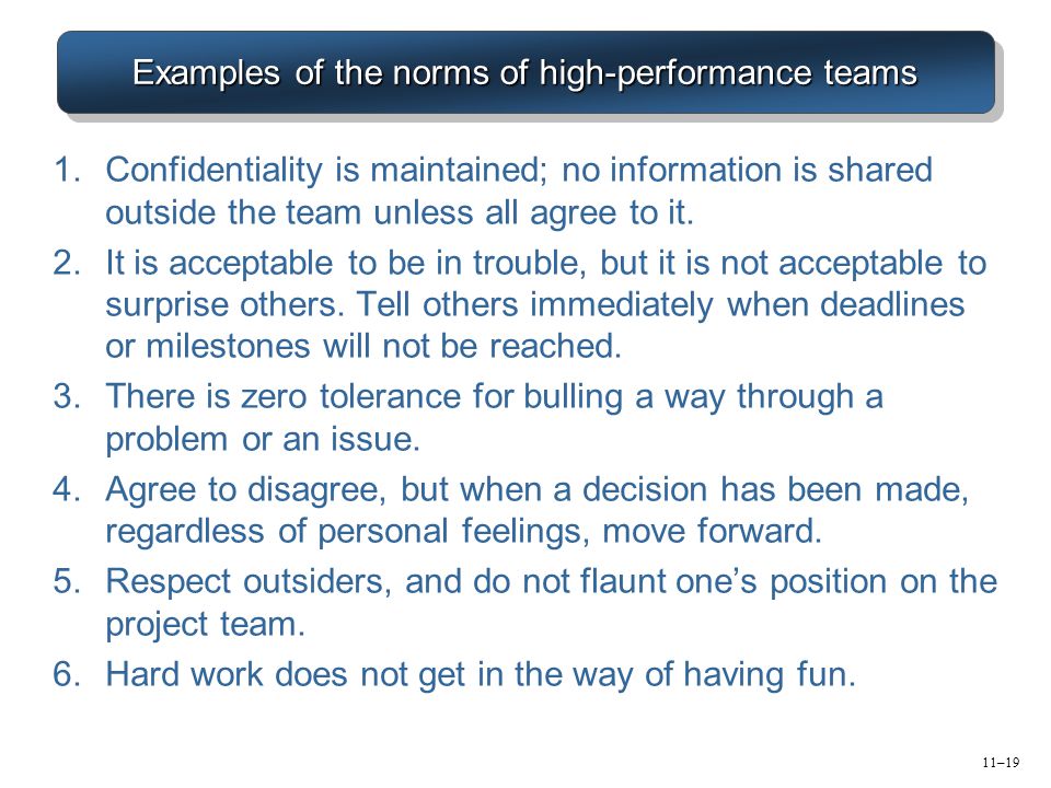 Examples of the norms of high-performance teams
