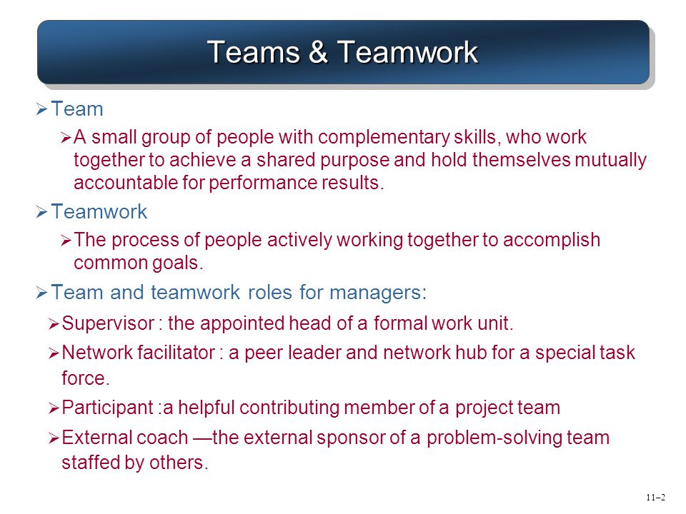 Teams & Teamwork Team Teamwork Team and teamwork roles for managers:
