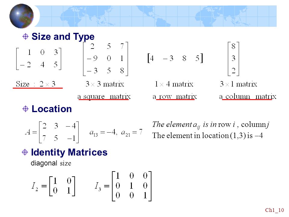 Size and Type Location Identity Matrices