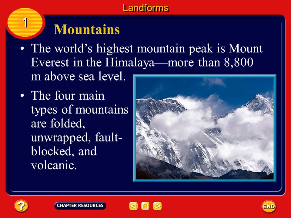 Landforms 1. Mountains. The world’s highest mountain peak is Mount Everest in the Himalaya—more than 8,800 m above sea level.
