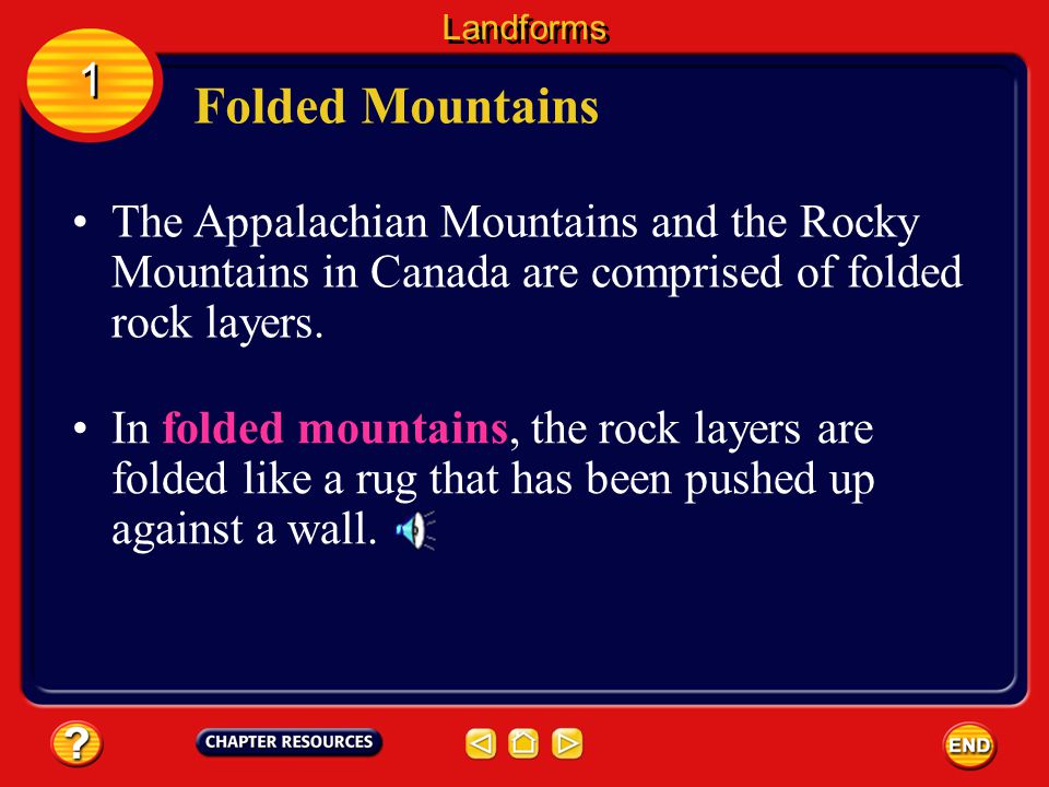Landforms 1. Folded Mountains. The Appalachian Mountains and the Rocky Mountains in Canada are comprised of folded rock layers.