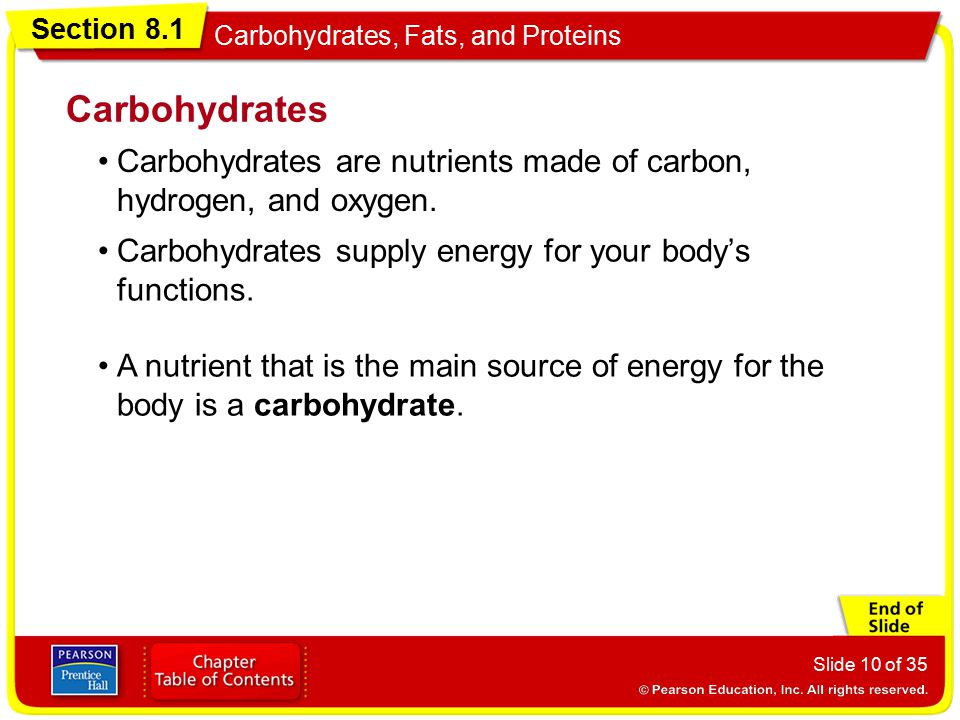 Carbohydrates Carbohydrates are nutrients made of carbon, hydrogen, and oxygen. Carbohydrates supply energy for your body’s functions.