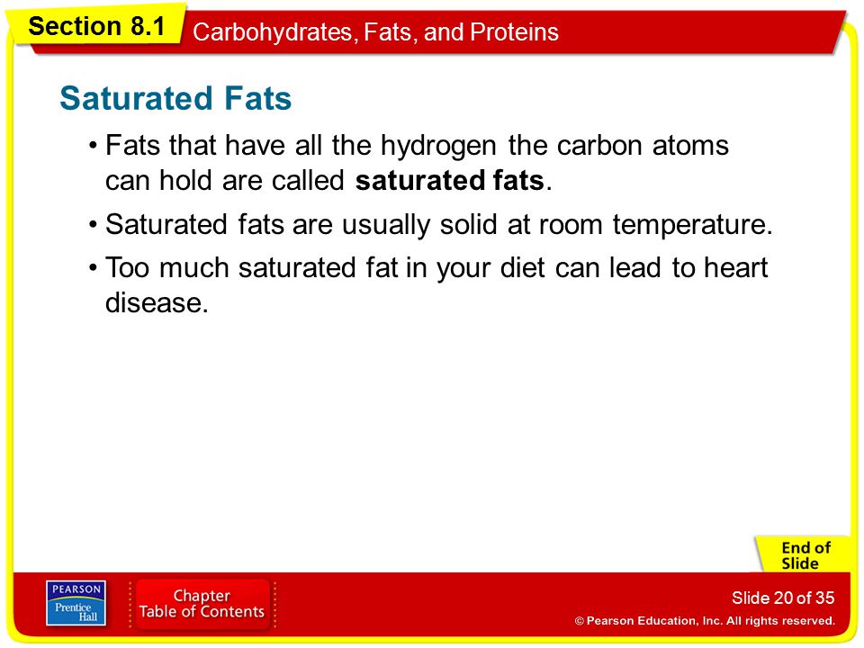 Saturated Fats Fats that have all the hydrogen the carbon atoms can hold are called saturated fats.