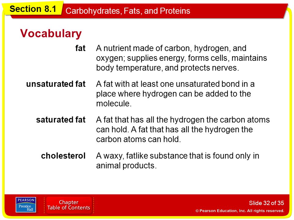 Vocabulary fat. A nutrient made of carbon, hydrogen, and oxygen; supplies energy, forms cells, maintains body temperature, and protects nerves.