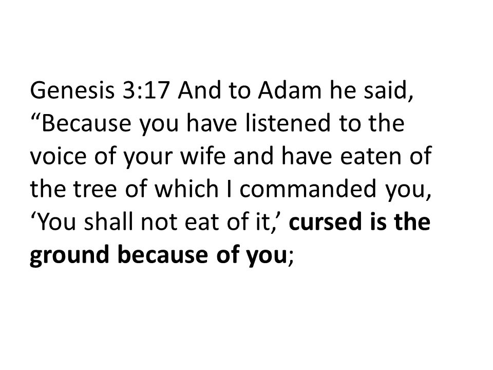 Genesis 3:17 And to Adam he said, Because you have listened to the voice of your wife and have eaten of the tree of which I commanded you, ‘You shall not eat of it,’ cursed is the ground because of you;