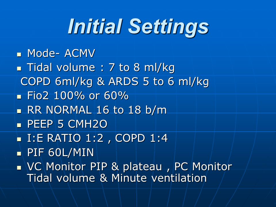 Initial settings. ACMV Mode. Tidal Volume. ACMV. Initial setting
