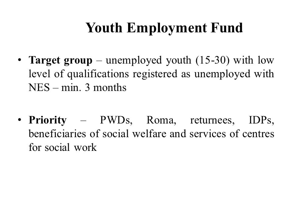 Youth Employment Fund Target group – unemployed youth (15-30) with low level of qualifications registered as unemployed with NES – min. 3 months.
