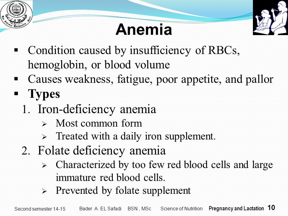 Anemia Types Iron-deficiency anemia Folate deficiency anemia