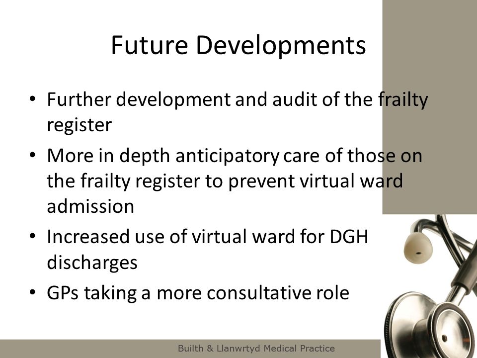 Future Developments Further development and audit of the frailty register.