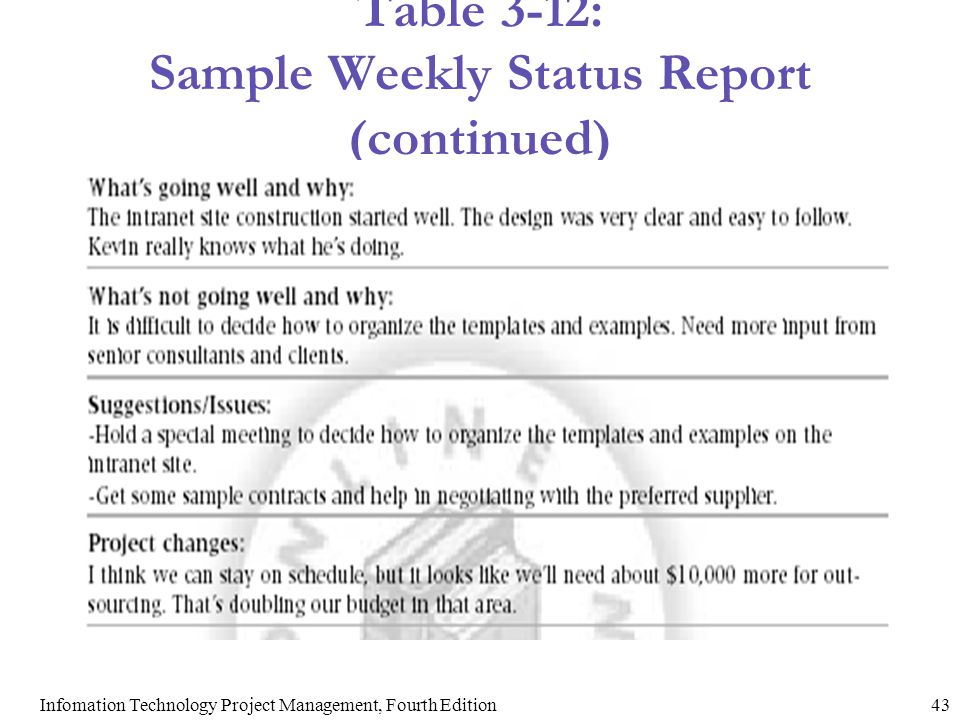Table 3-12: Sample Weekly Status Report (continued)