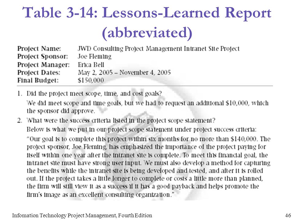 Table 3-14: Lessons-Learned Report (abbreviated)