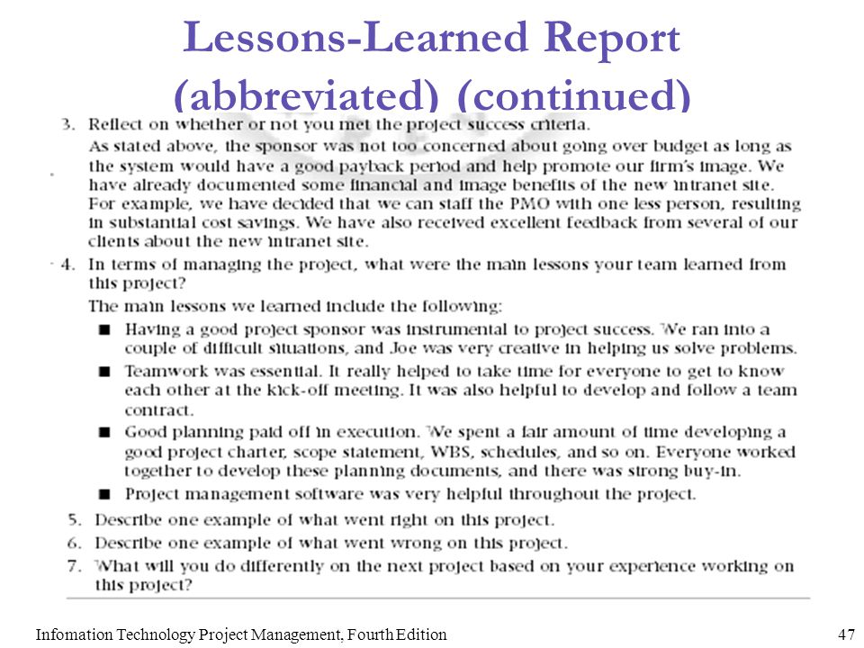 Lessons-Learned Report (abbreviated) (continued)