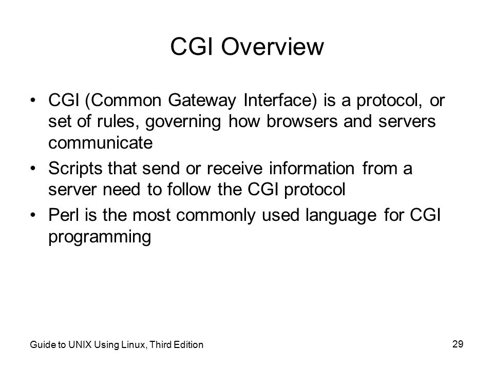 CGI Overview CGI (Common Gateway Interface) is a protocol, or set of rules, governing how browsers and servers communicate.