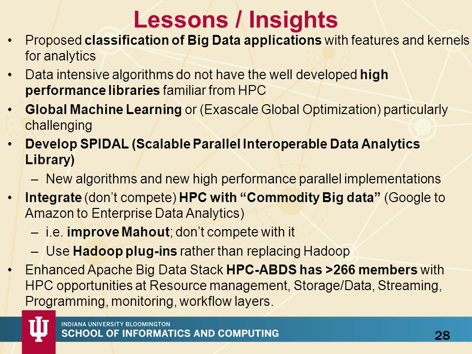 Lessons / Insights Proposed classification of Big Data applications with features and kernels for analytics.