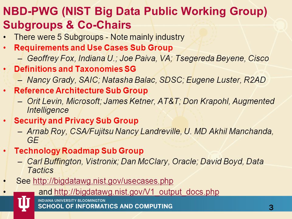 NBD-PWG (NIST Big Data Public Working Group) Subgroups & Co-Chairs