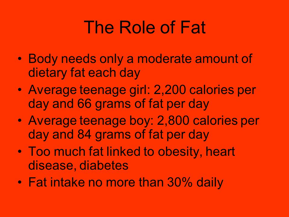 The Role of Fat Body needs only a moderate amount of dietary fat each day. Average teenage girl: 2,200 calories per day and 66 grams of fat per day.