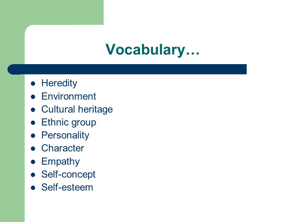 Vocabulary… Heredity Environment Cultural heritage Ethnic group