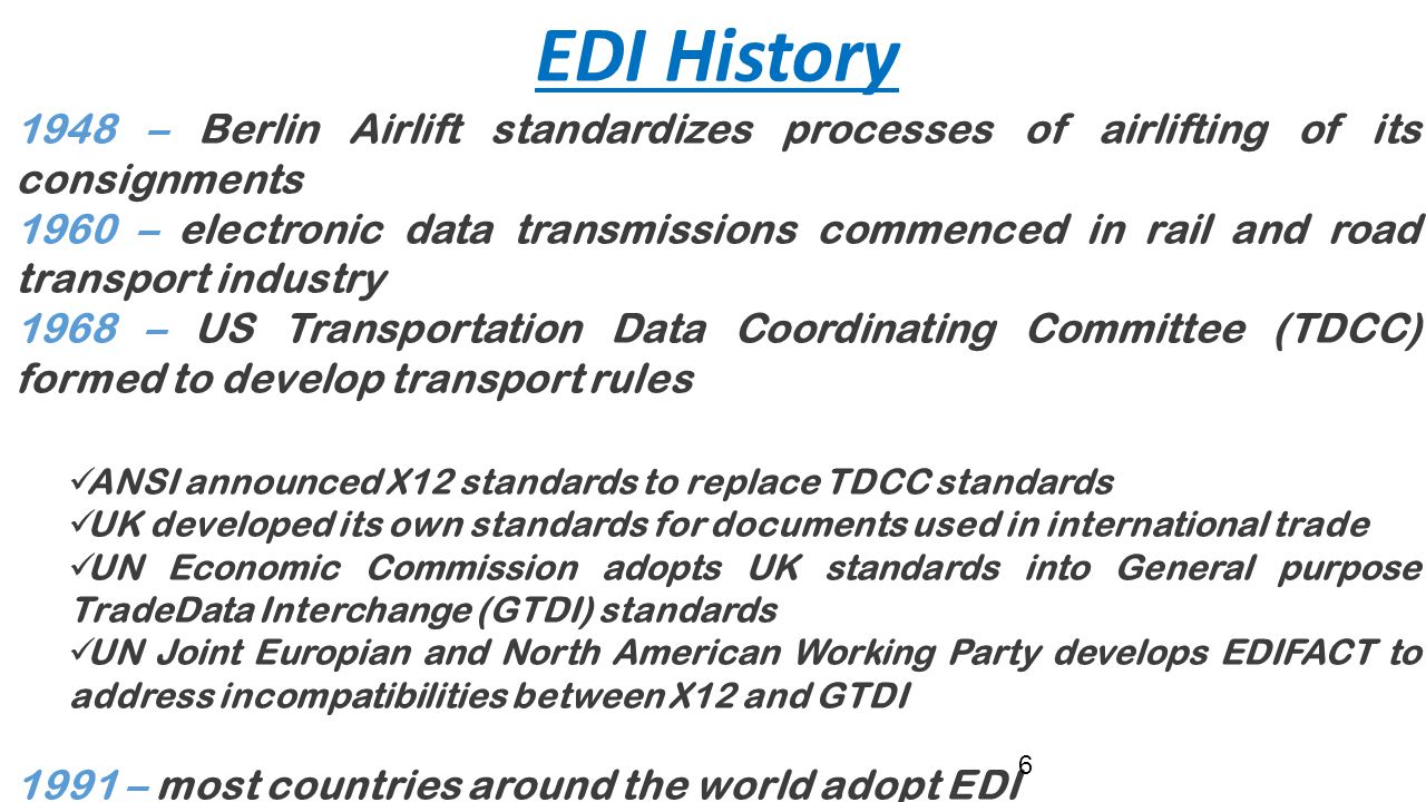 EDI History 1948 – Berlin Airlift standardizes processes of airlifting of its consignments.