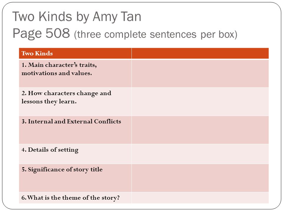 Two Kinds by Amy Tan Page 508 (three complete sentences per box) .