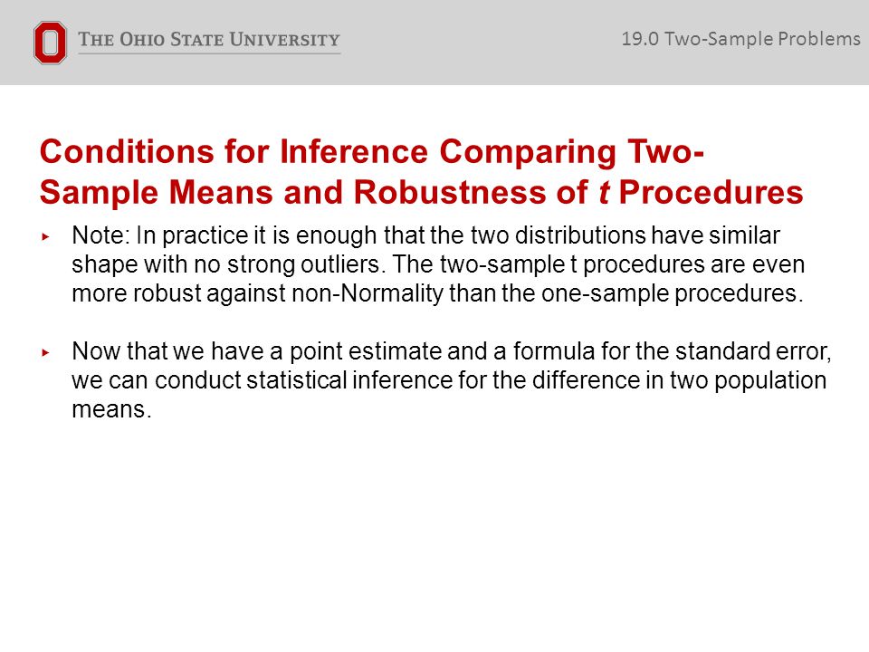 19.0 Two-Sample Problems Conditions for Inference Comparing Two- Sample Means and Robustness of t Procedures.