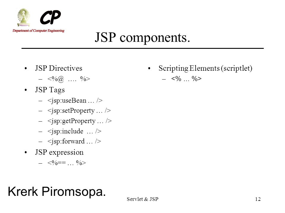 JSP components. JSP Directives JSP Tags JSP expression