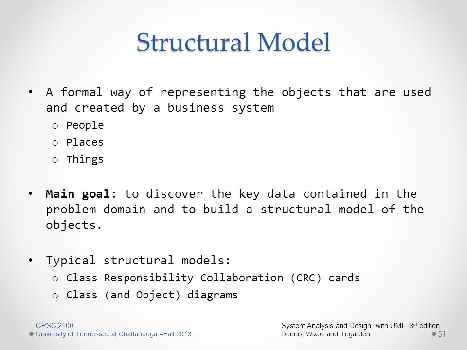 Structural Model A formal way of representing the objects that are used and created by a business system.