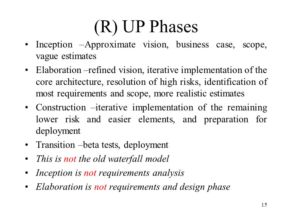 (R) UP Phases Inception –Approximate vision, business case, scope, vague estimates.