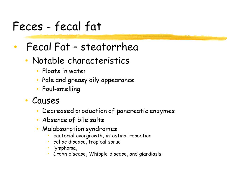 Feces - fecal fat Fecal Fat – steatorrhea Notable characteristics