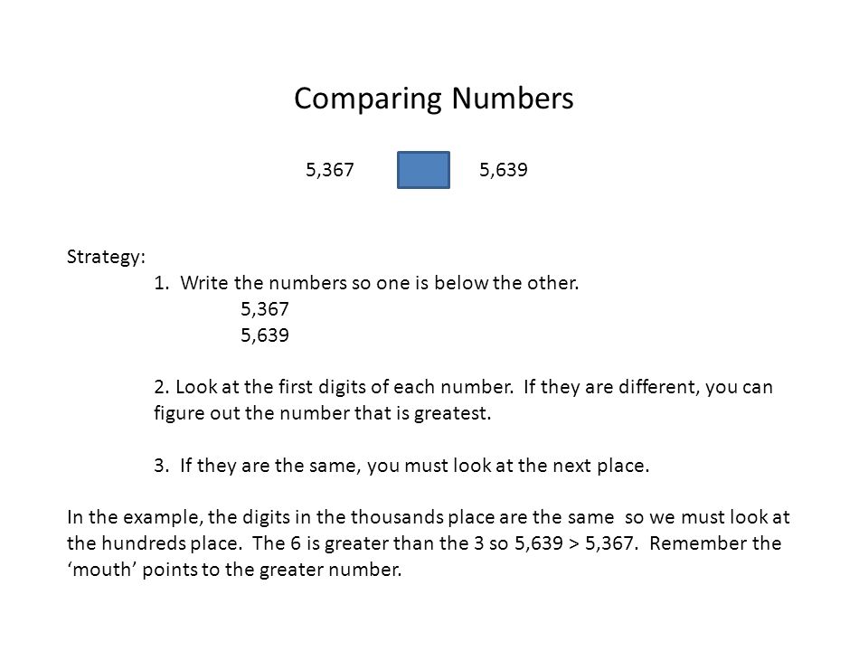 Comparing Numbers 5,367 5,639 Strategy: