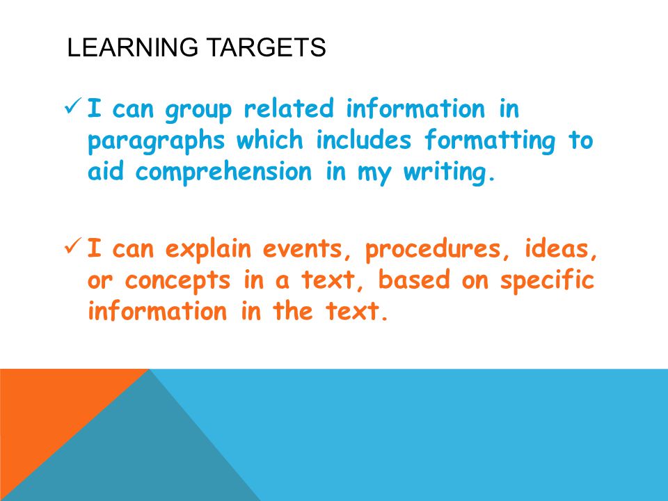 Learning Targets I can group related information in paragraphs which includes formatting to aid comprehension in my writing.