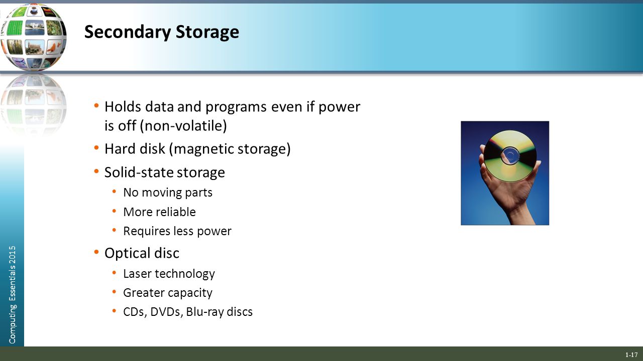 Secondary Storage Holds data and programs even if power is off (non-volatile) Hard disk (magnetic storage)