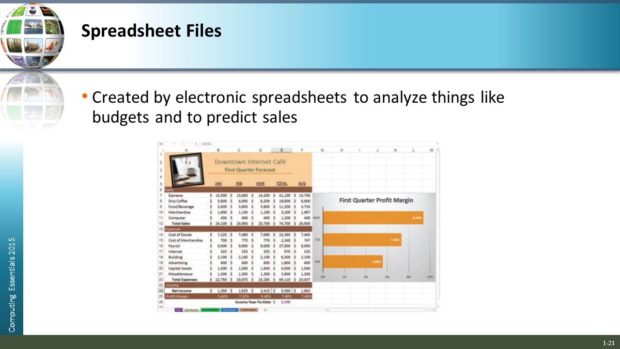 Spreadsheet Files Created by electronic spreadsheets to analyze things like budgets and to predict sales.