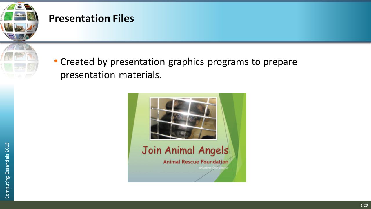 Presentation Files Created by presentation graphics programs to prepare presentation materials.