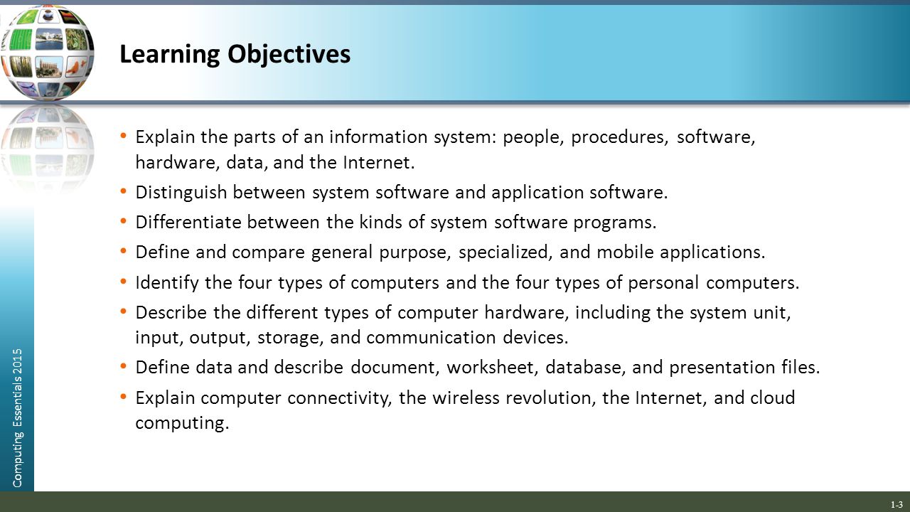 Learning Objectives Explain the parts of an information system: people, procedures, software, hardware, data, and the Internet.