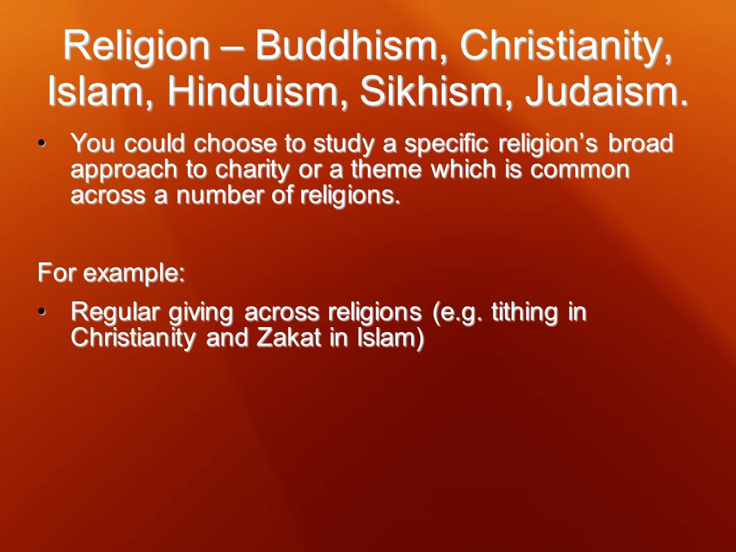 Religion – Buddhism, Christianity, Islam, Hinduism, Sikhism, Judaism.